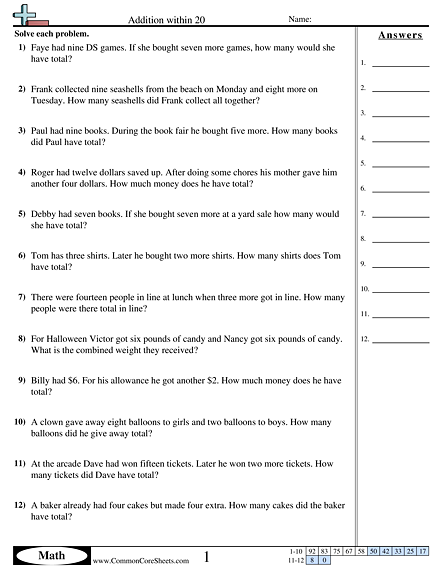 Addition Worksheets - Word Addition Within 20 worksheet